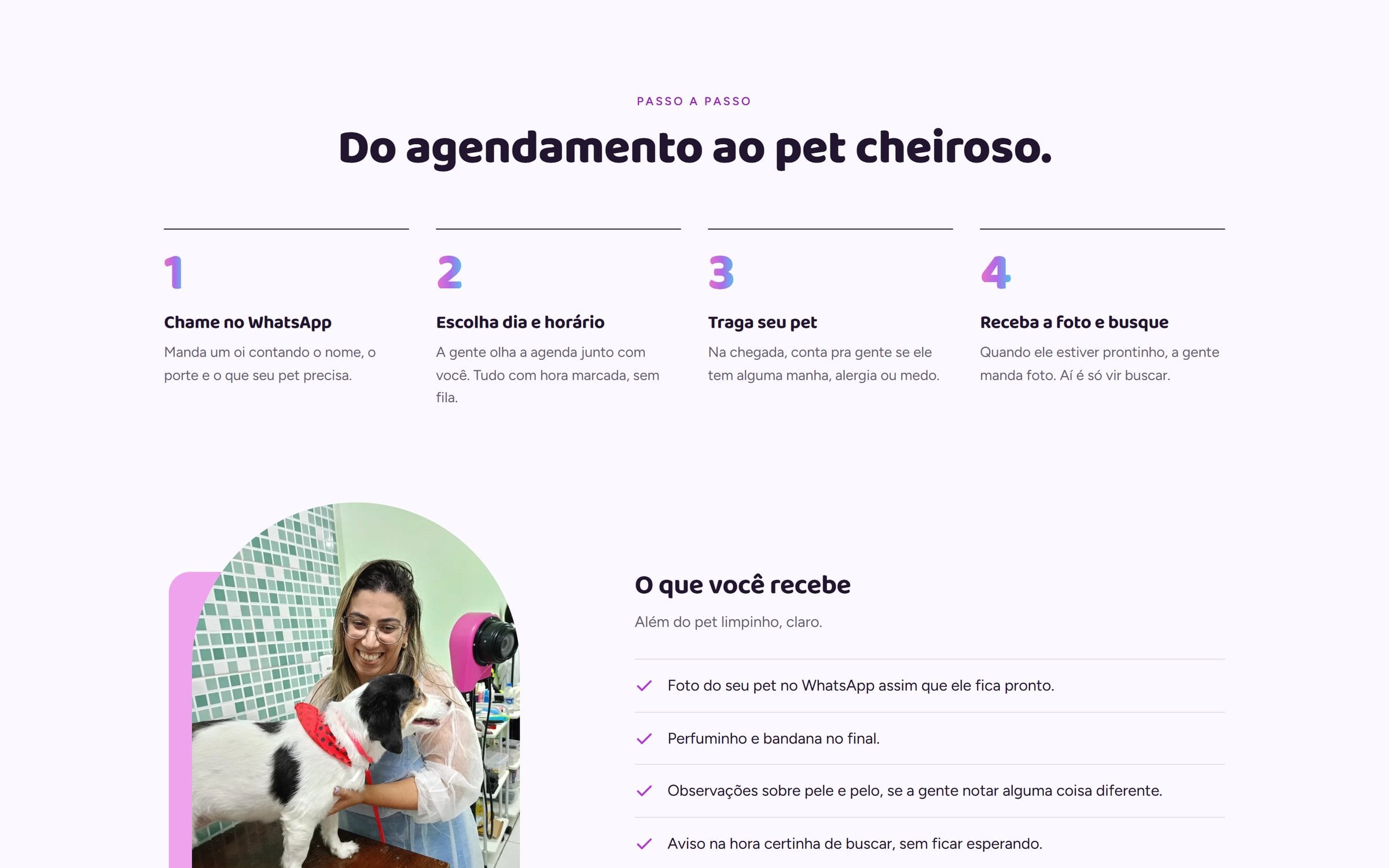 Seção “Como funciona” com os quatro passos do atendimento ligados por uma linha.