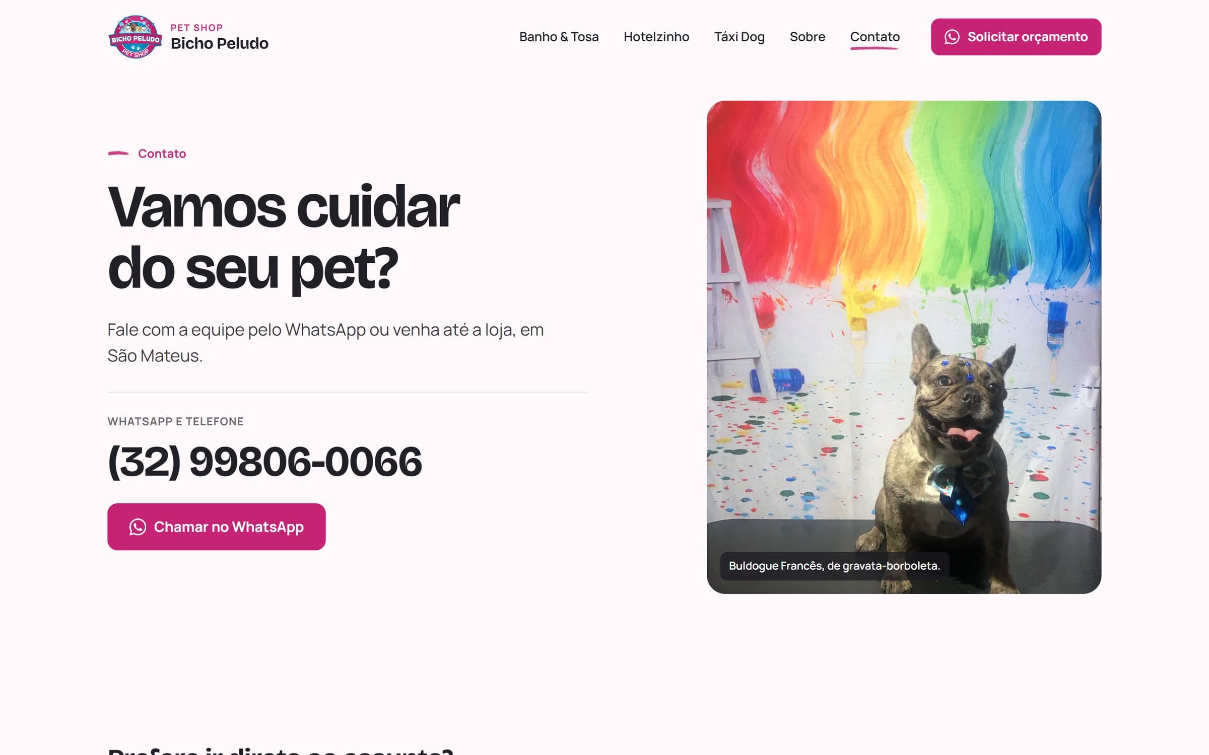 Página de contato com o telefone em destaque e quatro atalhos de WhatsApp por assunto.