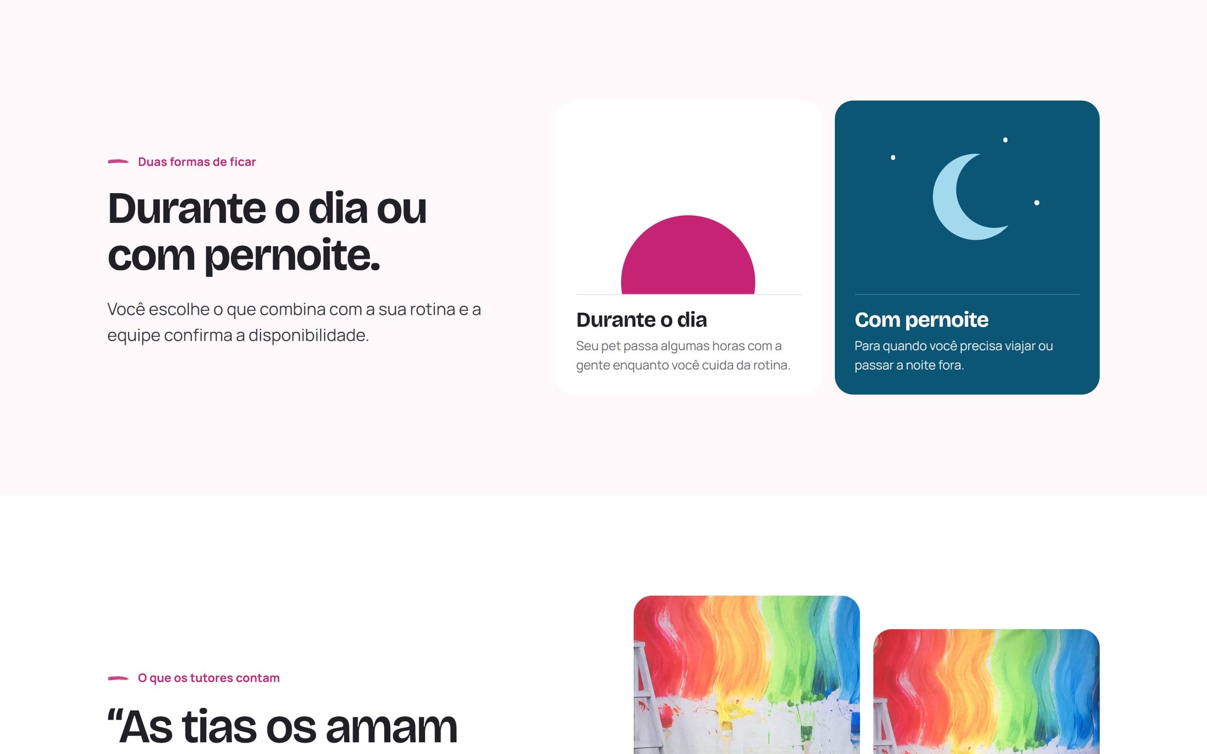 Página do hotelzinho com as modalidades “Durante o dia” e “Com pernoite” em painéis gráficos de dia e noite.