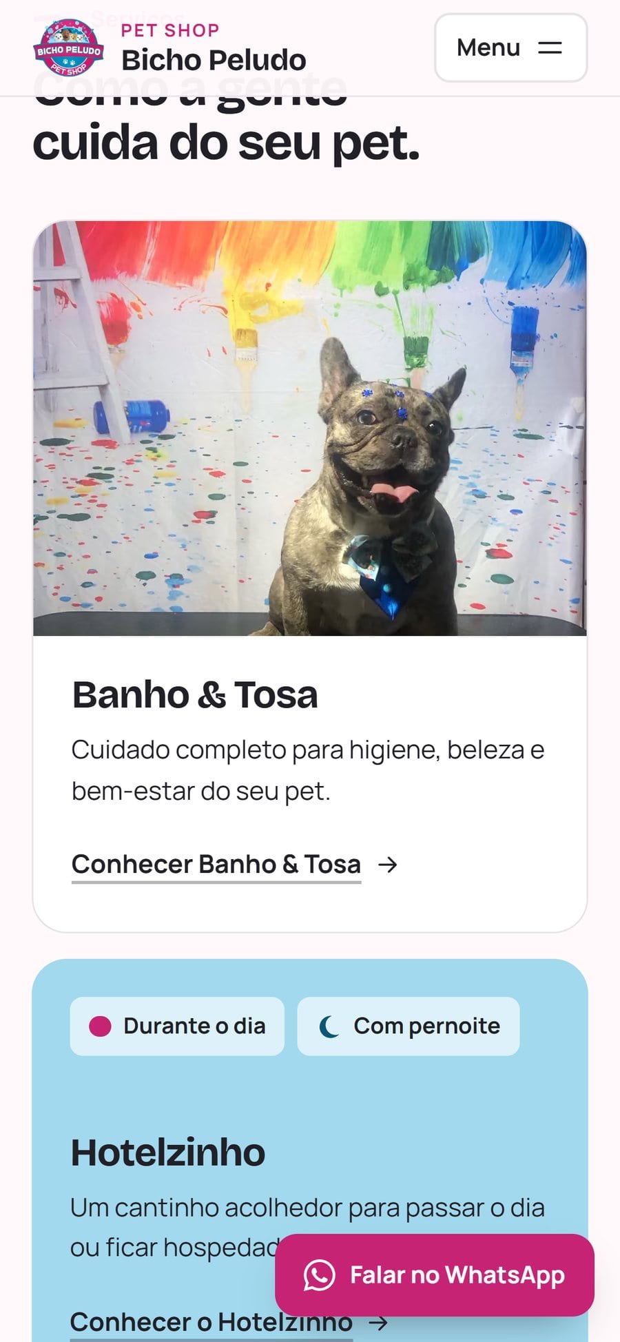 Serviços no celular, com o botão flutuante de WhatsApp.