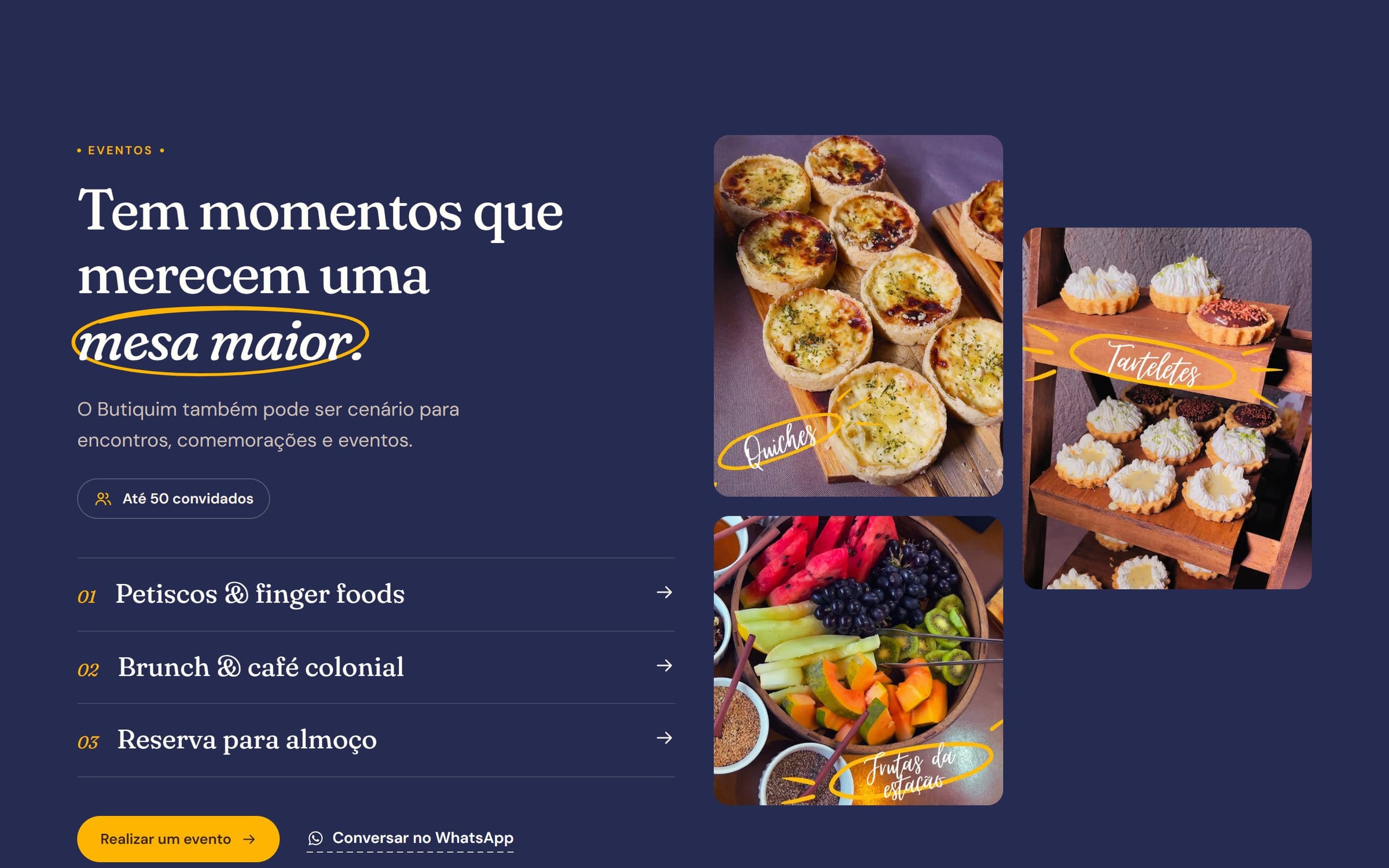 Bloco de eventos em azul-marinho: título “Tem momentos que merecem uma mesa maior.”, lista de formatos e fotos de mesas de café colonial.