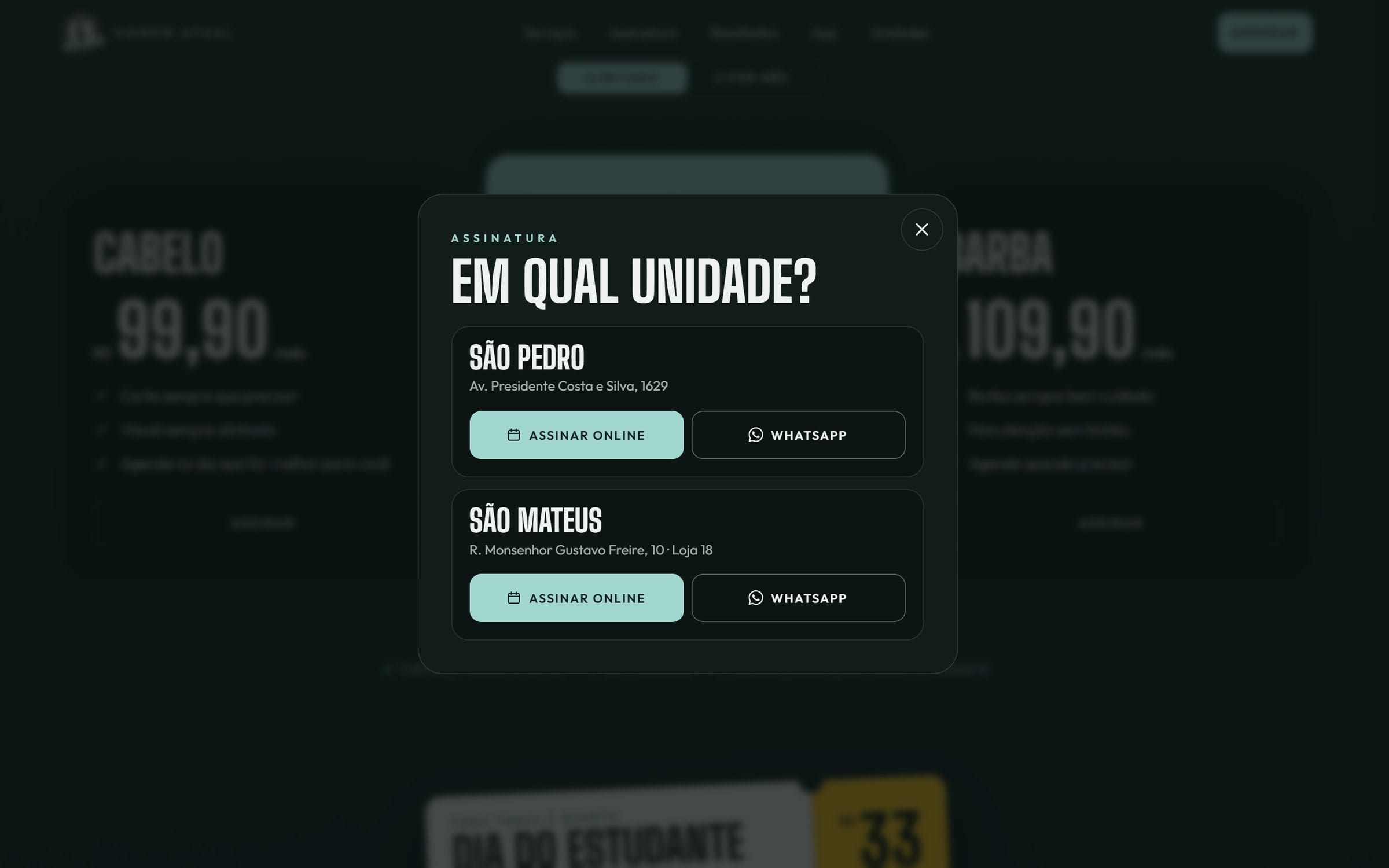 Diálogo “Em qual unidade?” aberto sobre a página, com as unidades São Pedro e São Mateus, cada uma com assinar online e WhatsApp.