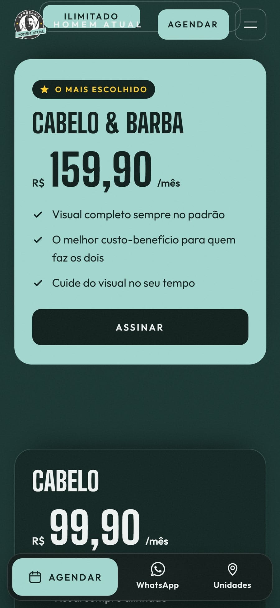 Planos no celular, empilhados, com o plano Cabelo & Barba em destaque.