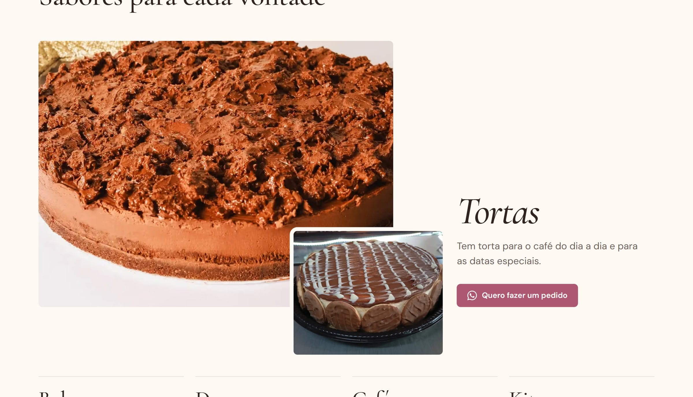 Seção de produtos da Pedacinho do Céu com as tortas em destaque.
